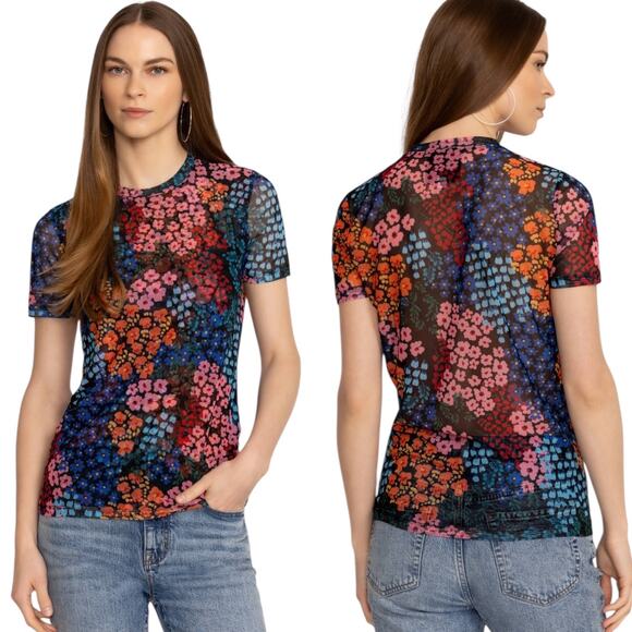 Johnny Was Eleanor Mesh Short Sleeve Astrid Floral Tee Shirt Top Size XL - Picture 1 of 11